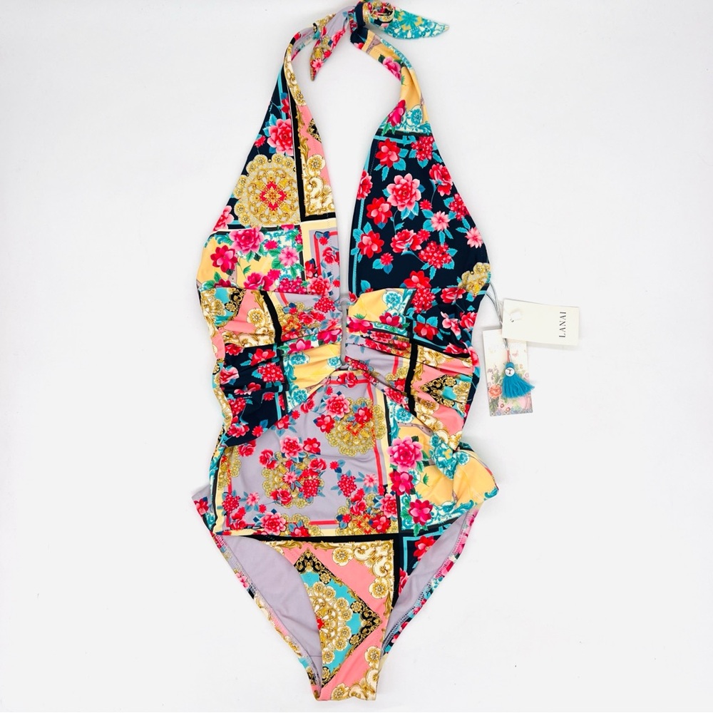 Johnny Was Plunging Halter Neckline Floral One Piece Swimsuit Multicolor S NWT